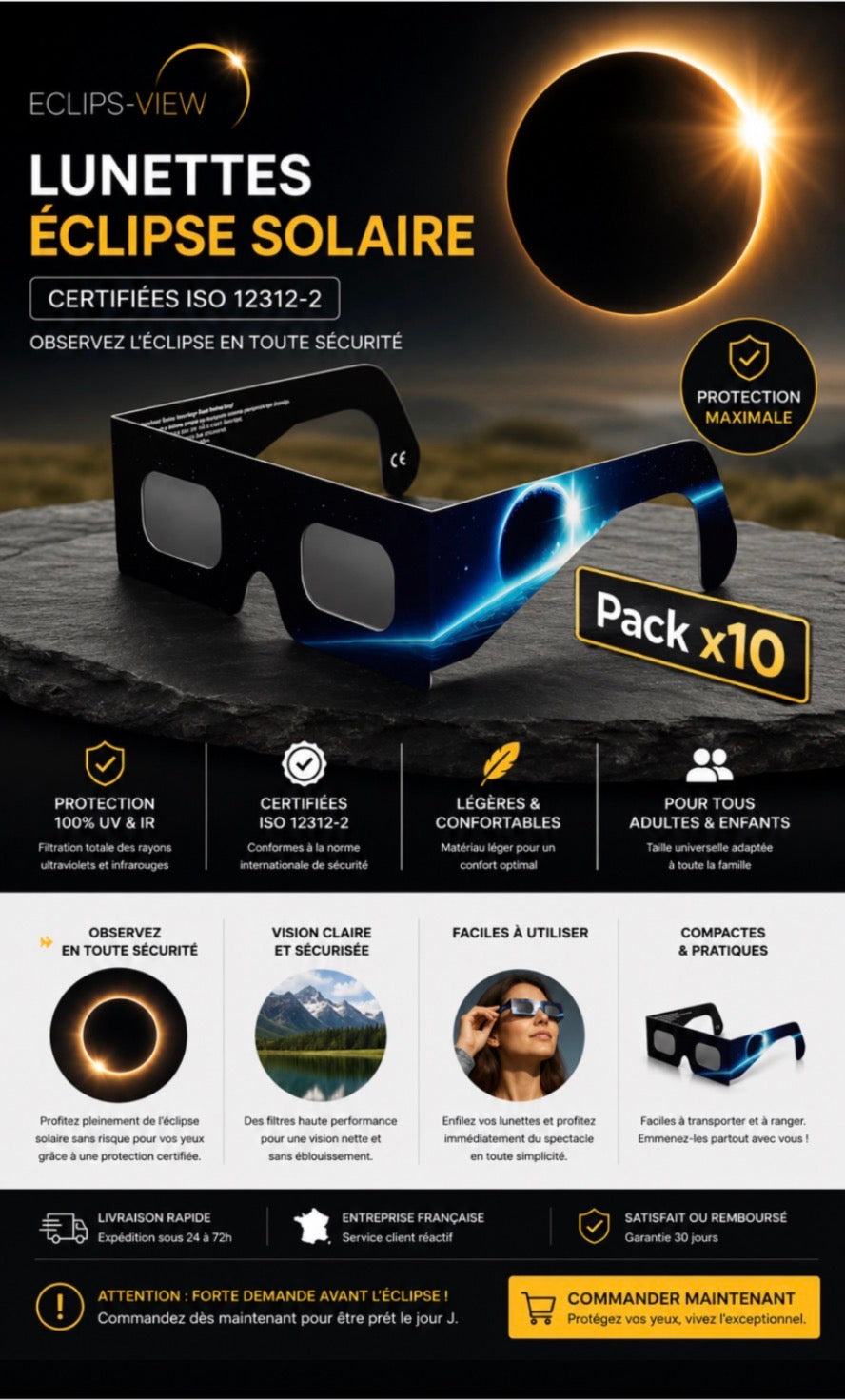 Paquete de 10 gafas para eclipse solar certificadas ISO 12312-2 con protección total seleccionadas por Eclips-View