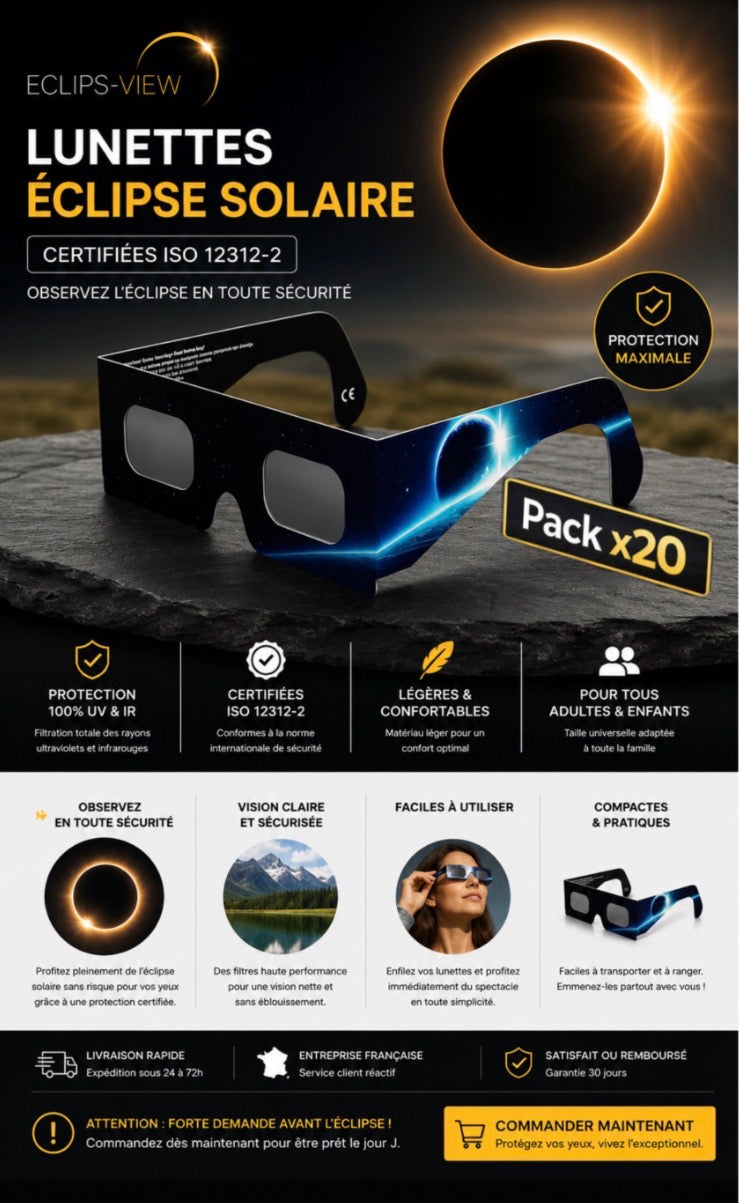 Pack x20 Lunettes Éclipse Solaire Certifiées ISO 12312-2 Protection Totale sélectionnées Eclips-View